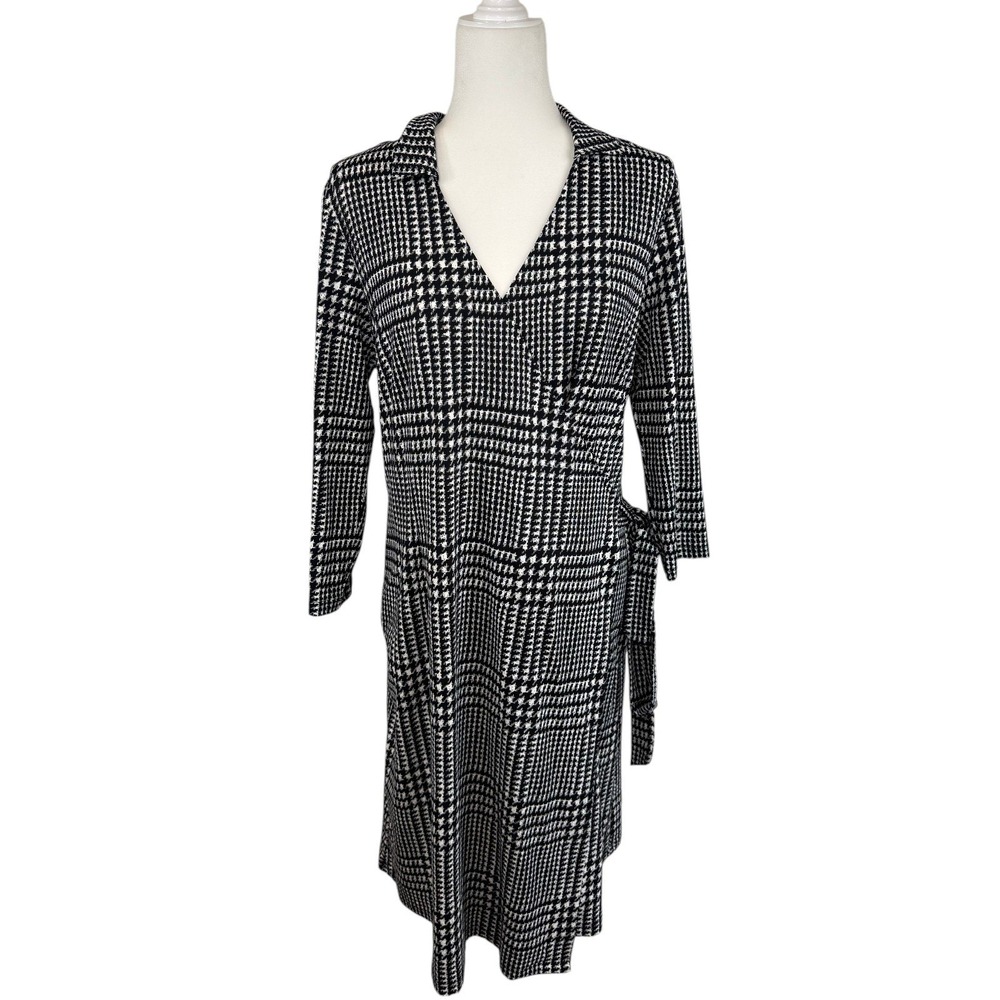J.McLaughlin Catalina Cloth Wrap Dress Black‎ White Houndstooth Plaid Office L